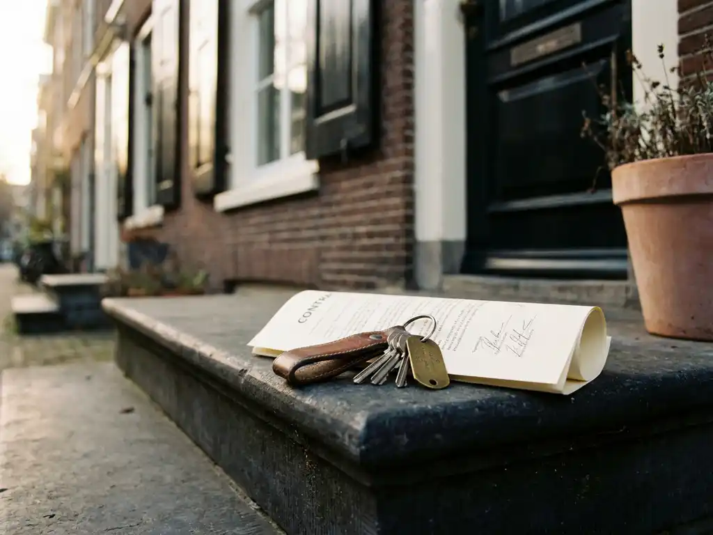 Huissleutels op een ondertekend koopcontract op een Amsterdamse drempel, met een bakstenen grachtenpand op de achtergrond.