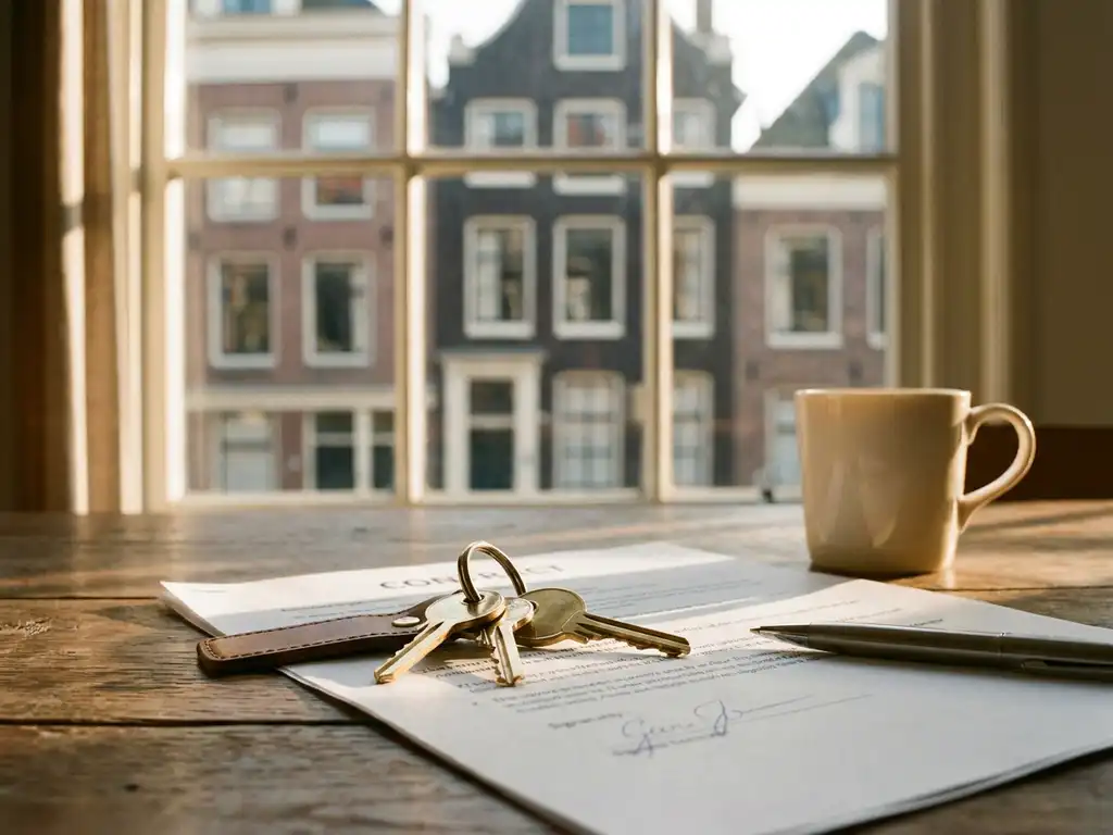 Glanzende huissleutels op een getekend koopcontract, met op de achtergrond een Hollandse bakstenen rijtjeswoning in warm middaglicht.