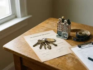 Versleutelde messing huissleutels op een ondertekend eigendomsoverdrachtscontract naast een miniatuur Hollandse rijtjeswoning en meetlint.