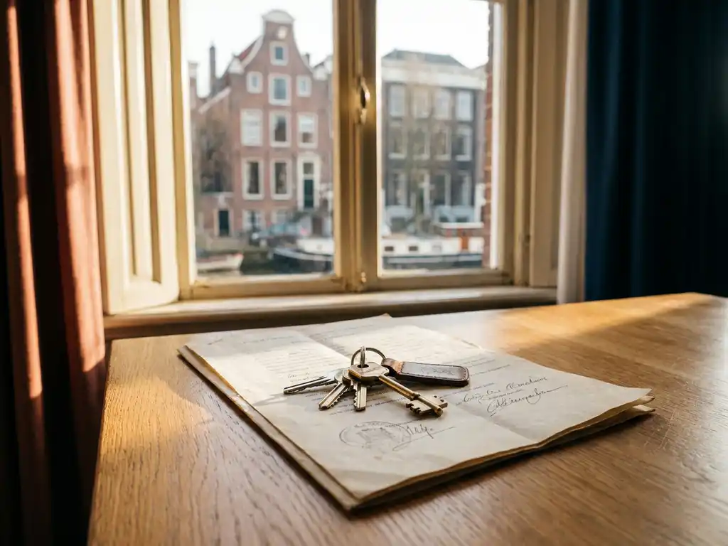 Huissleutels op een getekend koopcontract, met op de achtergrond een bakstenen grachtenpand in warm middaglicht.