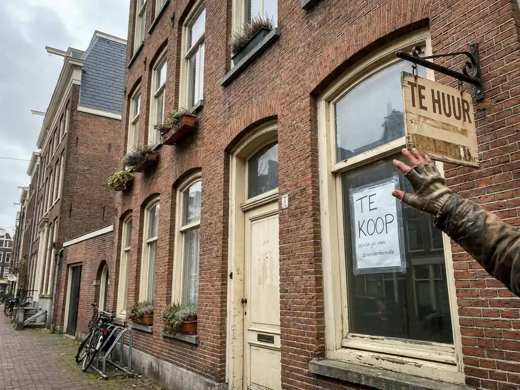 Amsterdamse bakstenen huurwoning waarbij een verhuurder een 'Te Koop'-bord plaatst over een 'Te Huur'-bord.