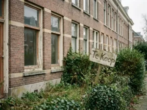 Verwaarloosde Nederlandse rijtjeswoning met scheef geplaatst Te Koop-bord in overgroeid voortuin, afbladderende kozijnen en verweerde bakstenen gevel.