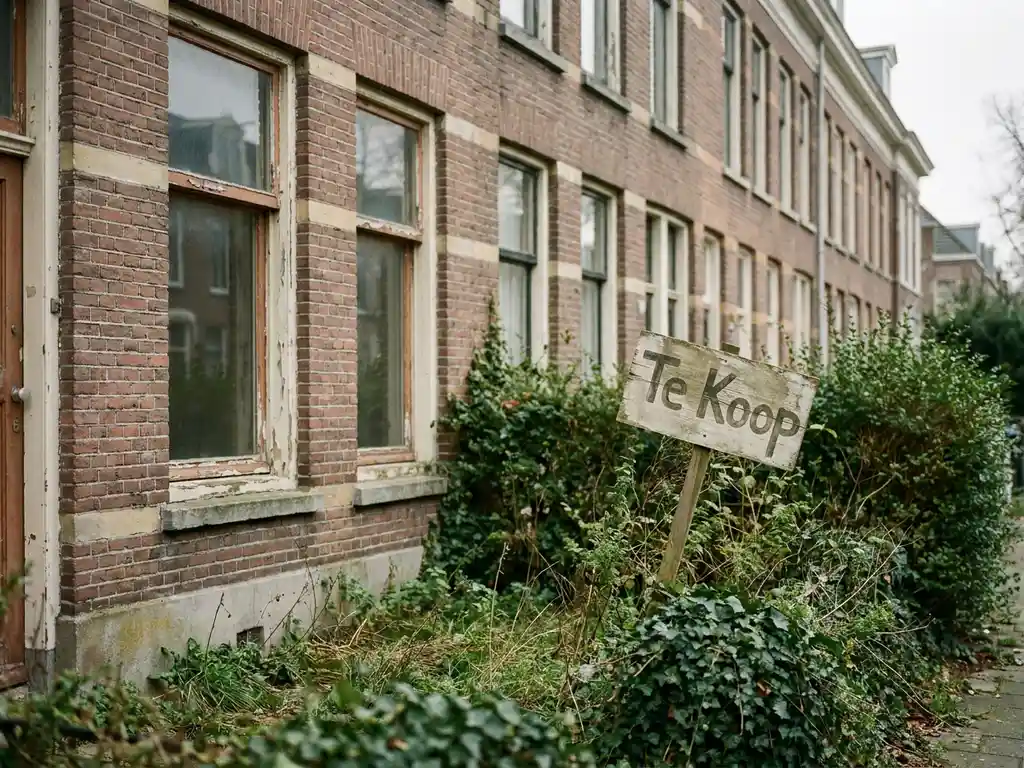 Verwaarloosde Nederlandse rijtjeswoning met scheef geplaatst Te Koop-bord in overgroeid voortuin, afbladderende kozijnen en verweerde bakstenen gevel.