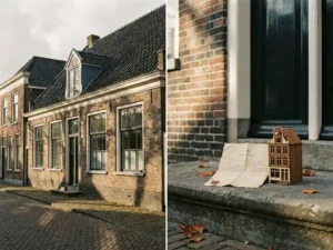 Nederlandse bakstenen huurwoning met belastingdocument en miniatuurhuisje op de drempel in herfstig middaglicht.