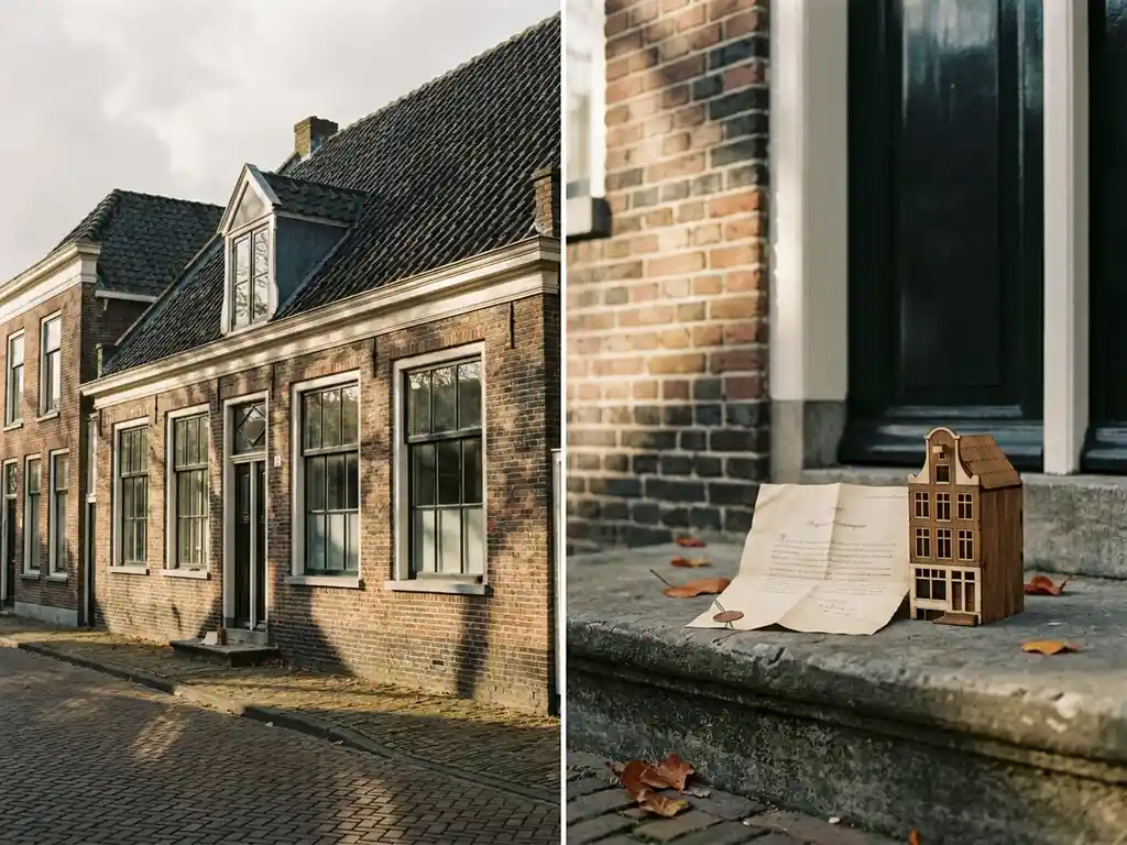 Nederlandse bakstenen huurwoning met belastingdocument en miniatuurhuisje op de drempel in herfstig middaglicht.