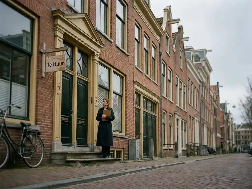 Makelaar met klembord bij voordeur van Amsterdams grachtenpand met Te Huur-bord op bakstenen gevel.