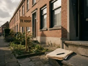 Nederlandsee huurwoning van rode baksteen met Te Koop-bord in voortuin en belastingdocumenten op de drempel.