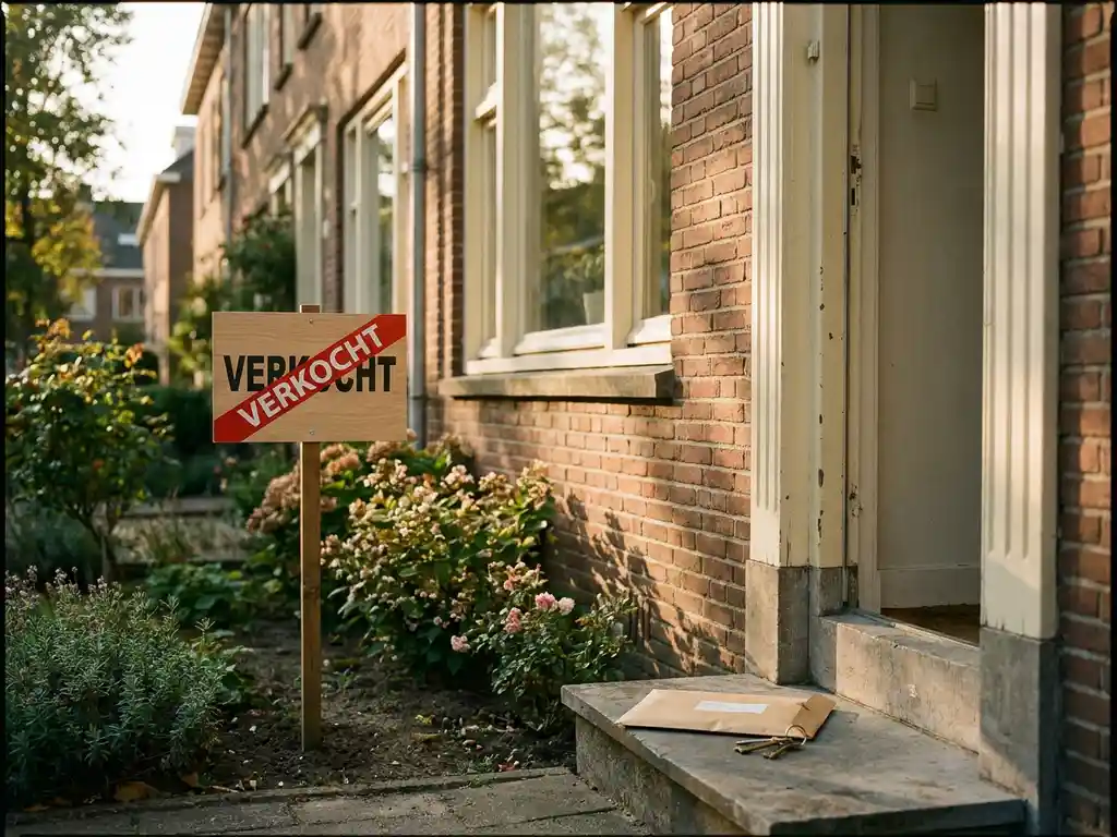 Verkocht-bord in voortuin van Nederlandse rijtjeswoning met notarisbrief en sleutels op de drempel in middagzon.