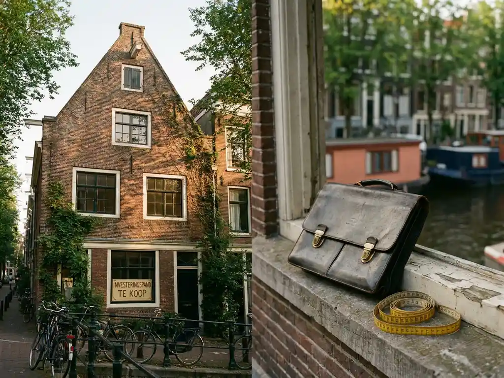 Amsterdams grachtenpand met rode bakstenen gevel en klimop, versleten leren portfolio en meetlint op de vensterbank op de voorgrond.