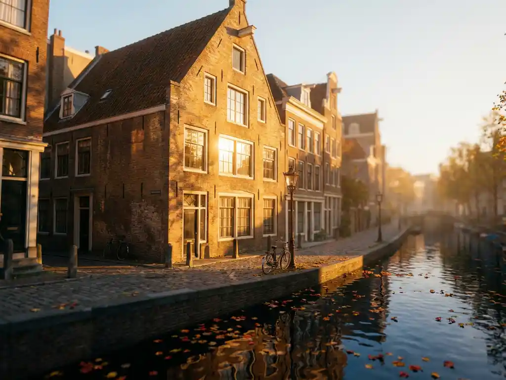 Klassiek Amsterdams grachtenpand met bakstenen gevel en grote ramen in gouden herfstlicht, gevallen bladeren drijven op het water.