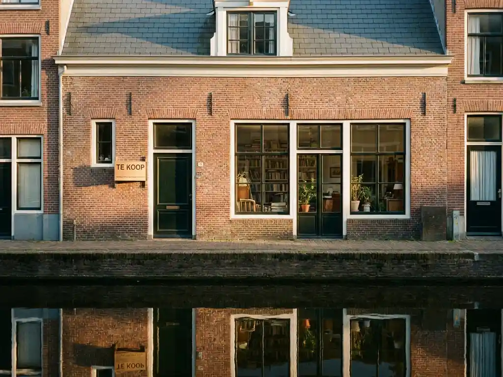 Amsterdams grachtenpand van rode baksteen met Te Koop-bord, weerspiegeld in het stille water bij middagzon.
