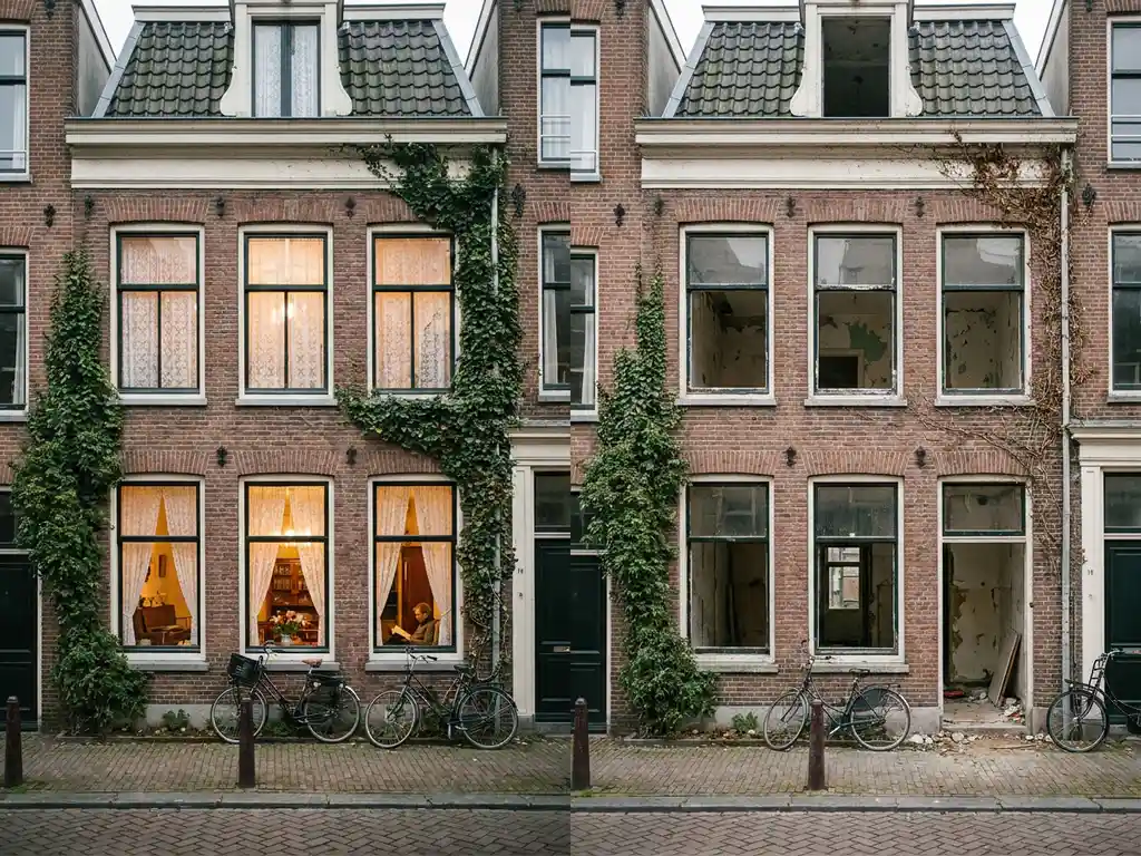 Amsterdamse grachtenwoning met bewoonde zijde met gordijnen en lege kant met kale ramen, bakstenen gevel begroeid met klimop.