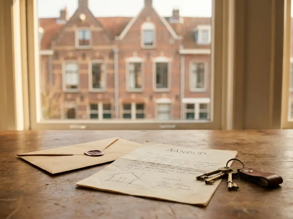 Verzegelde envelop en handgeschreven bod naast huissleutels op houten tafel, klassieke Nederlandse bakstenen rijtjeswoning zichtbaar op achtergrond.
