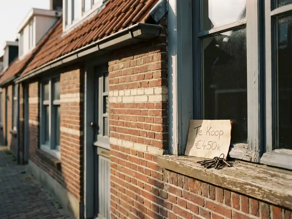 Handgeschreven bod op een houten vensterbank van een Nederlandse bakstenen rijwoning, met huissleutels ernaast in zacht middaglicht.