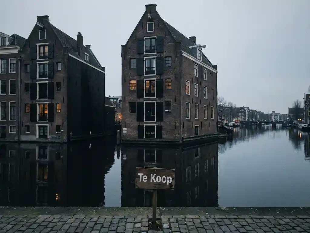 Amsterdams grachtenpand te koop met bakstenen gevel, reflectie in donker kanalwater en schaduw van naburig huis op bewolkte dag.
