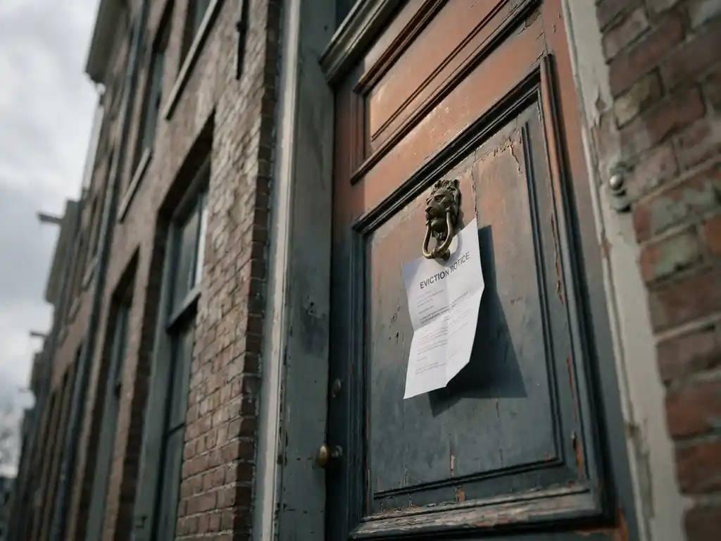 Verouderde houten voordeur van een Amsterdams grachtenpand met een uitzettingsbevel onder de messing deurklopper.