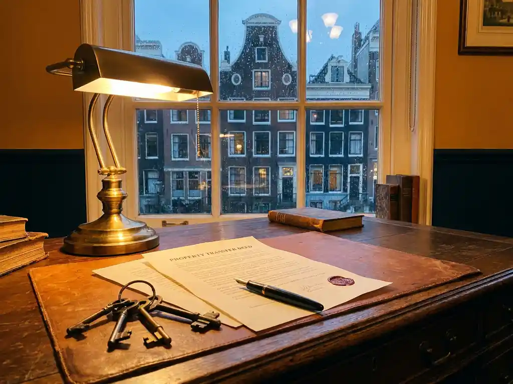 Notariële akte van eigendomsoverdracht met vulpen en huissleutels op houten bureau, Amsterdams grachtenpand zichtbaar door regendruppels op raam.