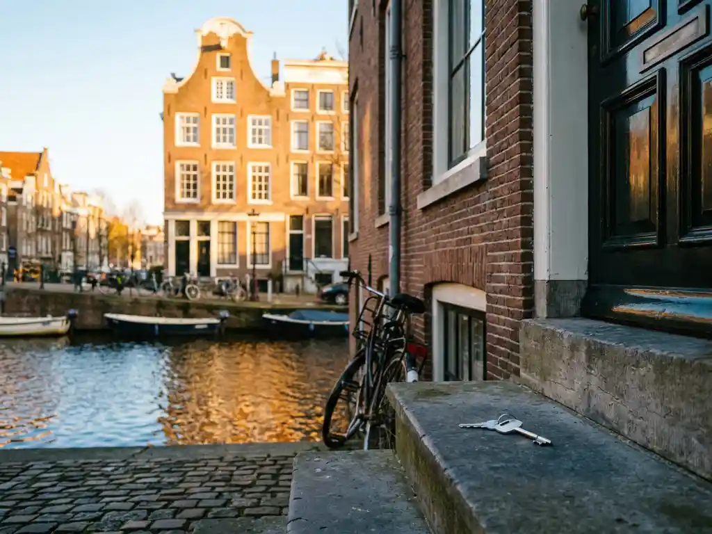 Klassiek Amsterdams grachtenpand met smalle bakstenen gevel en moderne sleutel op de stoep in goudkleurig middaglicht.