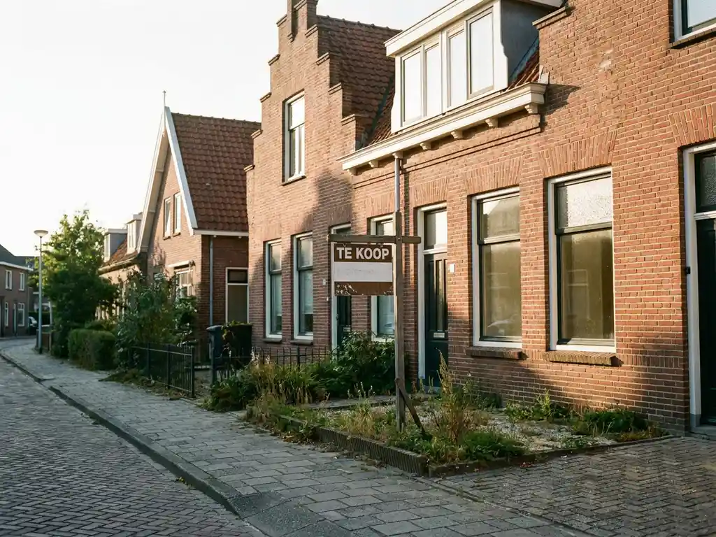 Nederlandsche rijtjeswoning met Te Koop-bord in voortuin, traditionele trapgevel op achtergrond, rode bakstenen in middaglicht.