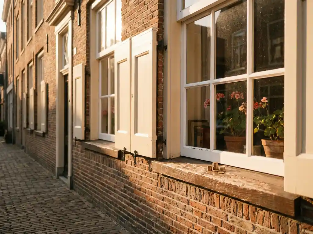 Stapel euromuntjes op een zonnig vensterbank van een Amsterdams grachtenpand met warme bakstenen gevel.