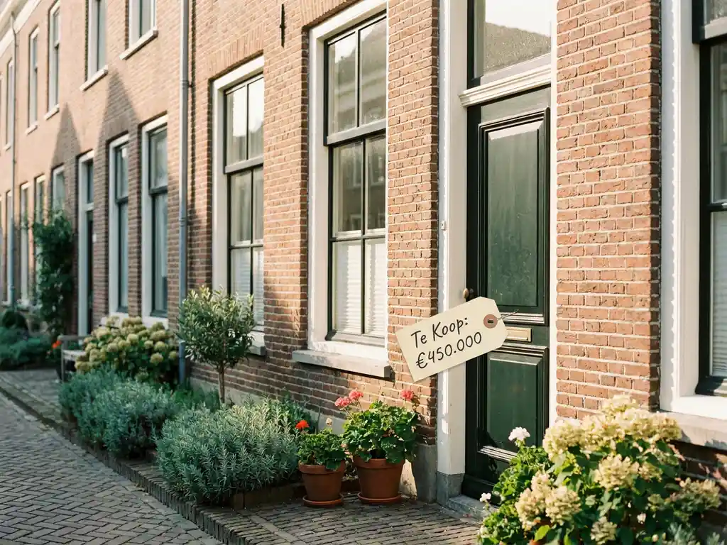Hollandse rijtjeswoning met bakstenen gevel, witte kozijnen en een handgeschreven prijskaartje tegen de voordeur in zacht middaglicht.