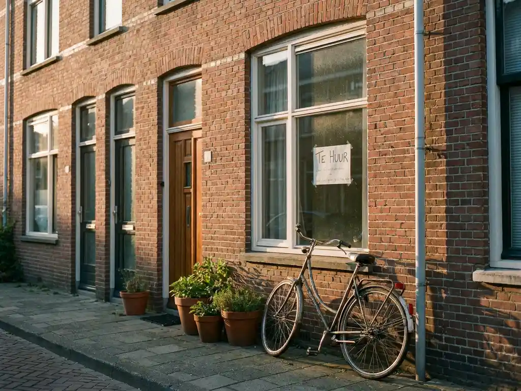 Nederlandse rijtjeswoning van rode baksteen met "Te Huur"-bord in het raam, fiets en bloempotten bij de ingang in middaglicht.