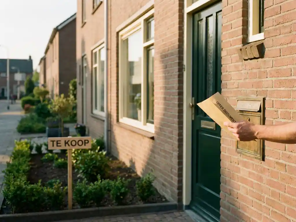 Hand met bod document bij brievenbus van Nederlandse rijtjeswoning te koop, bakstenen gevel met tuinbord in warm middaglicht.