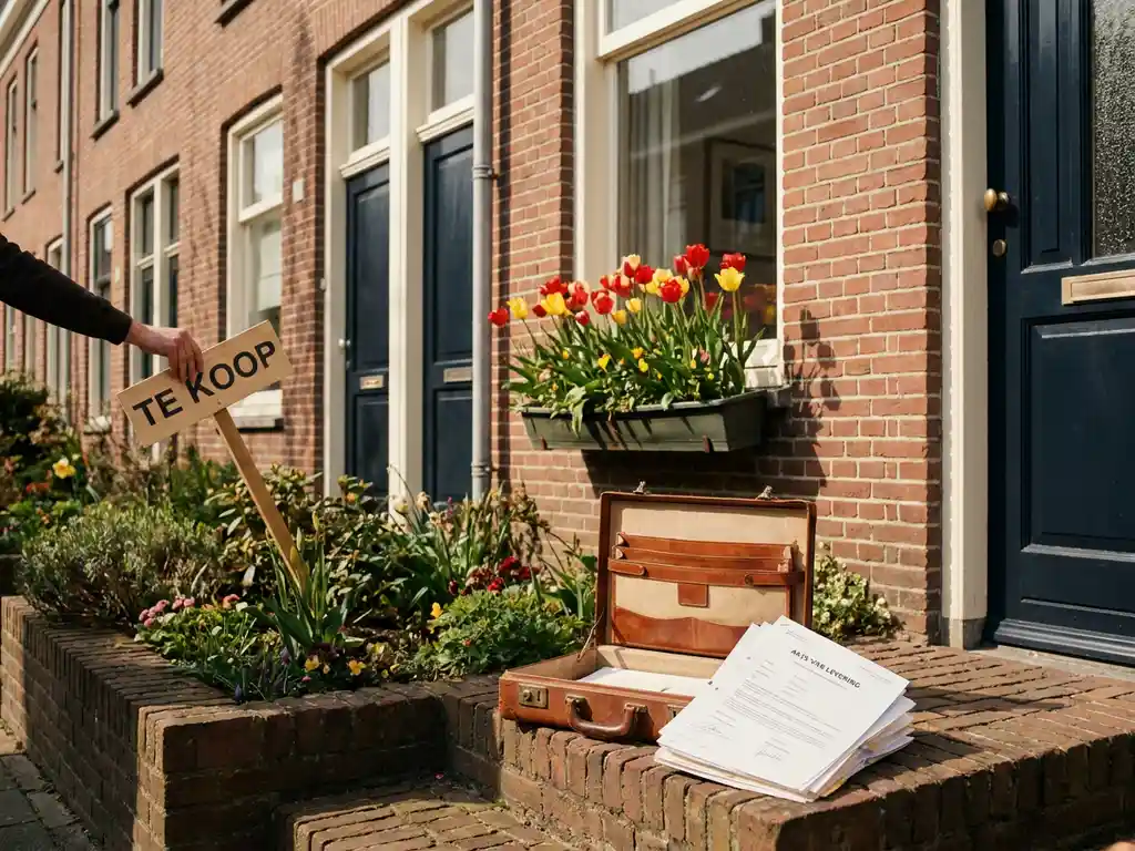 Nederlandsche rijtjeswoning met 'te koop'-bord dat wordt verwijderd, notariskoffer en koopakte op de bakstenen stoep in middagzon.