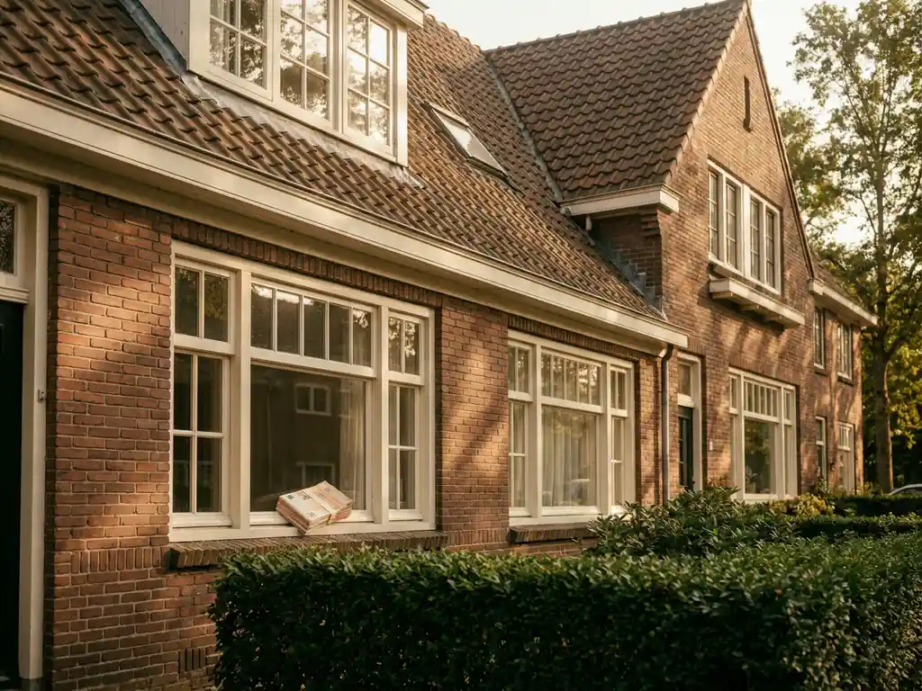 Nederlandse bakstenen rijtjeswoning met grote ramen en euro biljetten op de vensterbank, omgeven door groene heg in middagzon.