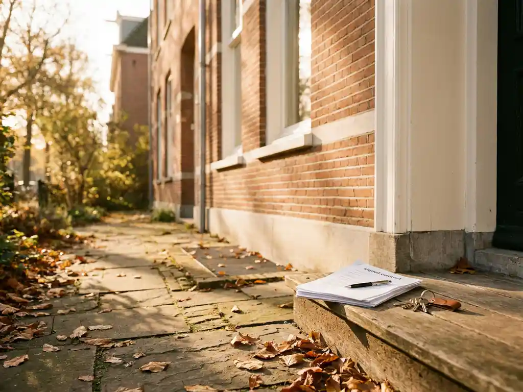 Getekend koopcontract en huissleutels op de drempel van een bakstenen Hollandse rijtjeswoning in herfstlicht.