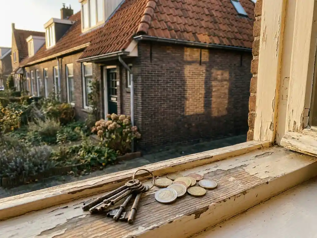 Oude sleutels en euromunten op een versleten houten vensterbank van een Nederlandse rijtjeswoning met verweerde bakstenen gevel.