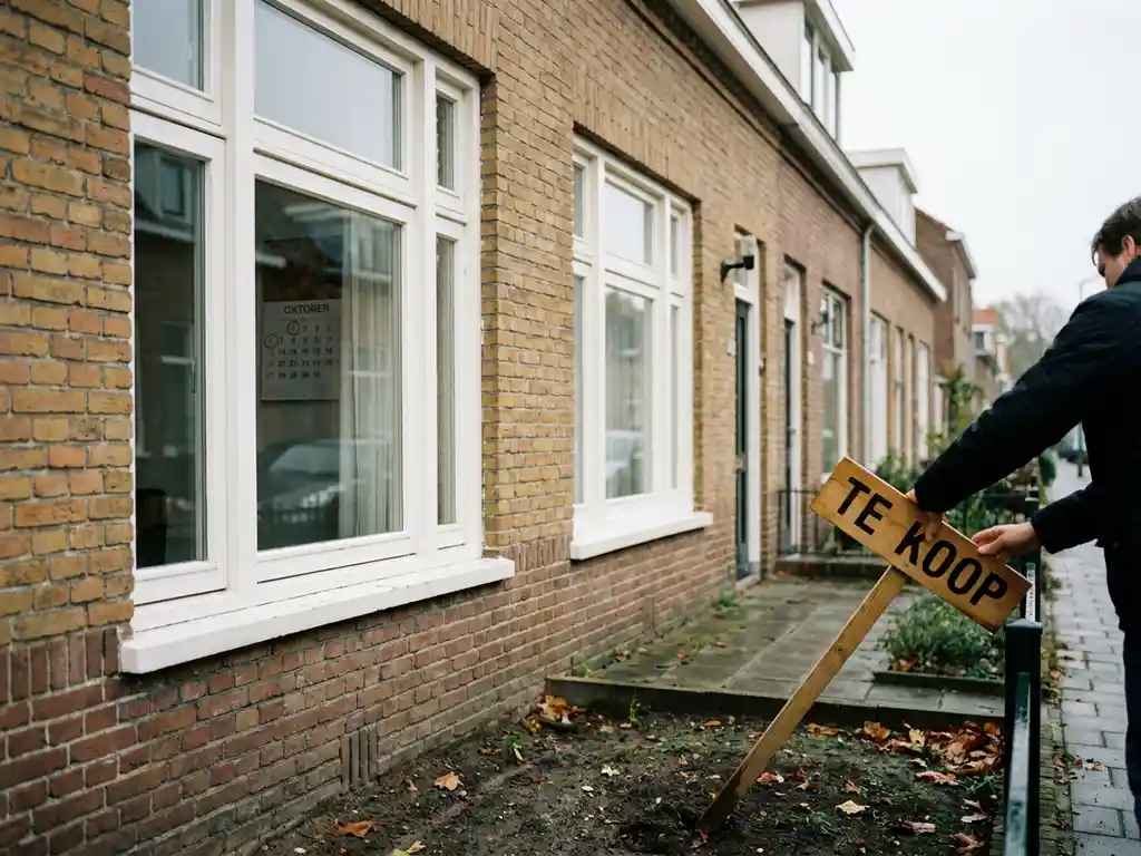 Nederlander verwijdert Te Koop-bord uit voortuin van bakstenen rijtjeswoning kort na plaatsing, bewolkt daglicht.