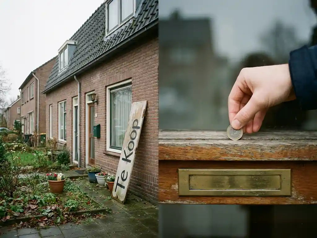 Hand die een euromuntstuk plaatst op de drempel van een Nederlandse bakstenen rijtjeswoning met een Te Koop-bord.