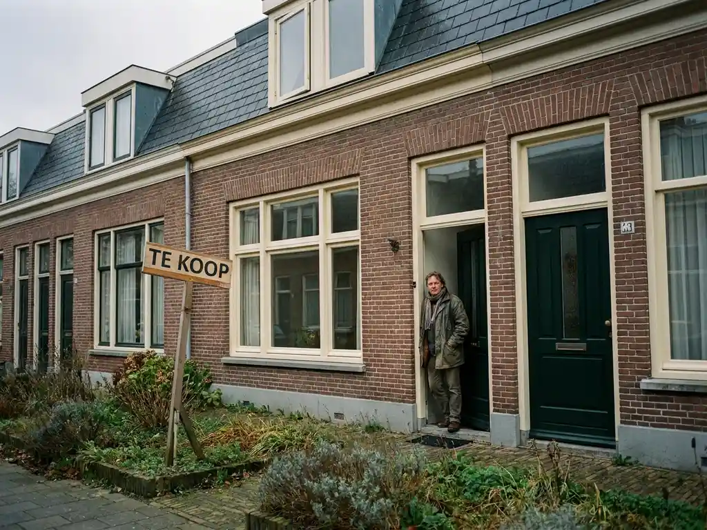 Nederlander staat aarzelend in open voordeur van bakstenen rijtjeshuis met scheef 'Te Koop'-bord in voortuin.
