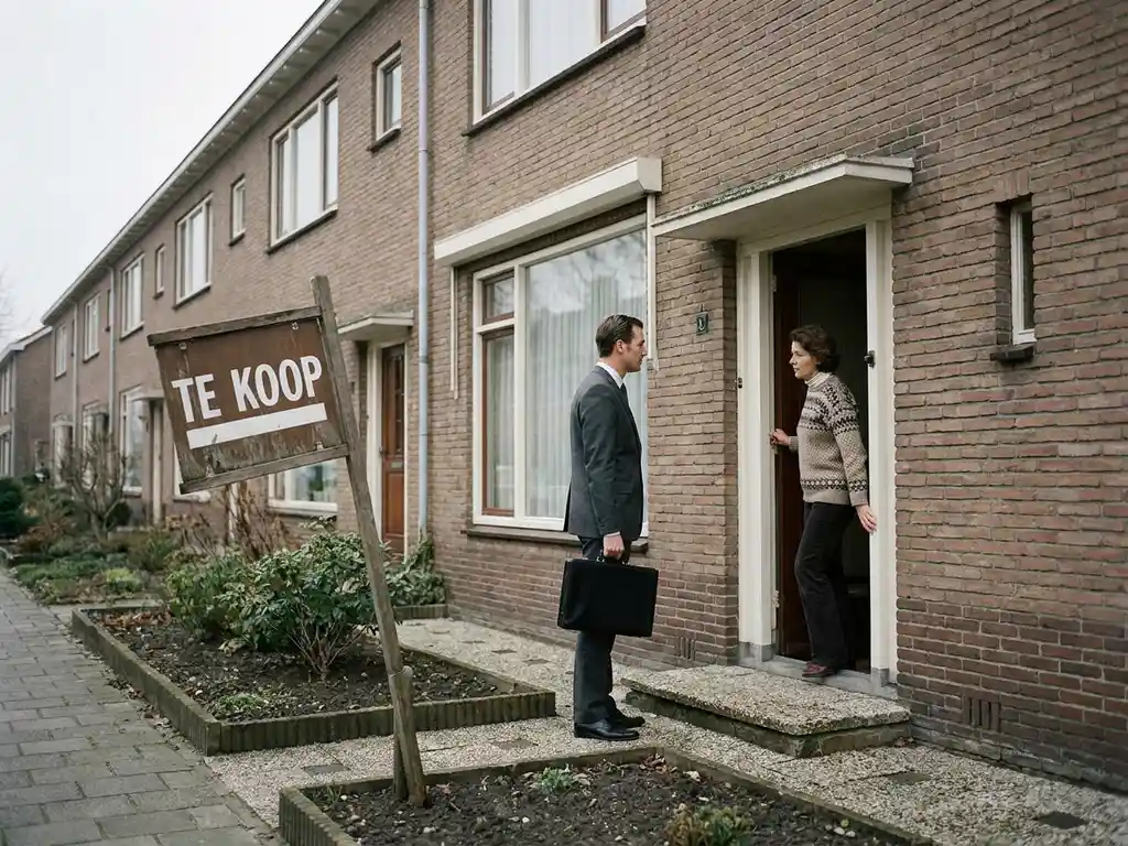 Investeerder met aktetas aan de deur van een te koop staand Nederlands rijtjeshuis, terwijl de eigenaar aarzelend in de deuropening staat.
