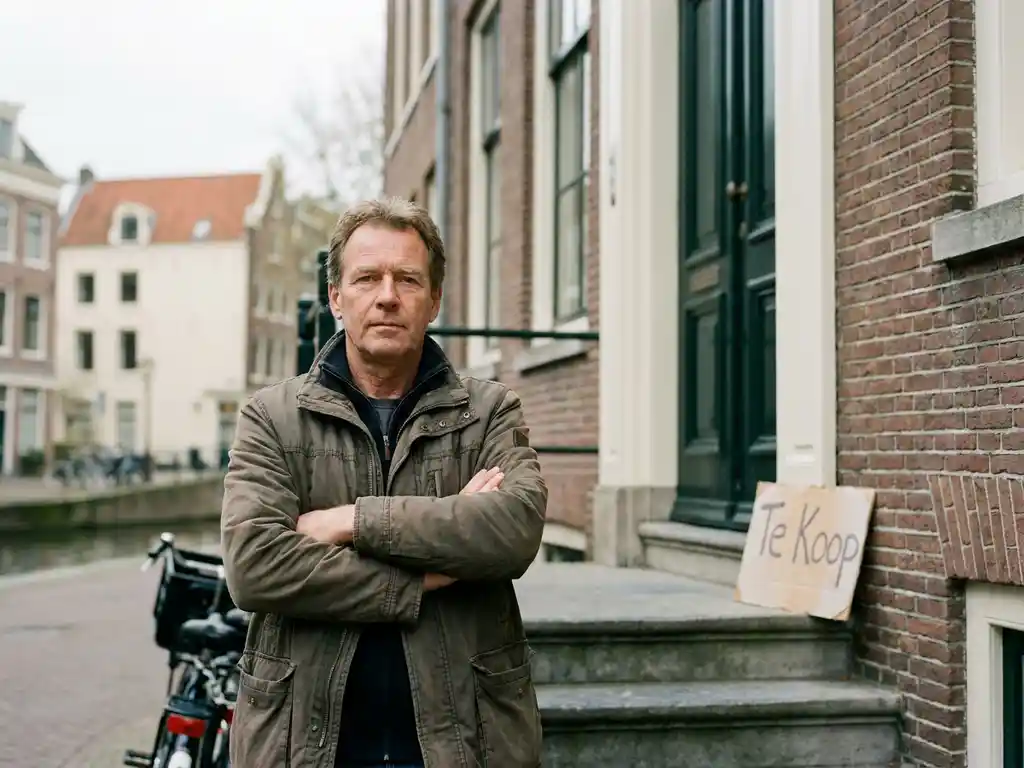 Huiseigenaar met gekruiste armen bij voordeur van Amsterdams grachtenpand met Te Koop-bord aan bakstenen gevel.