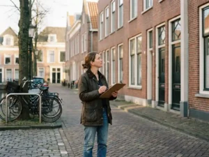 Huiseigenaar met klembord bestudeert gevel van klassieke Nederlandse bakstenen rijtjeswoning aan grachtzijde, fietsen op achtergrond.