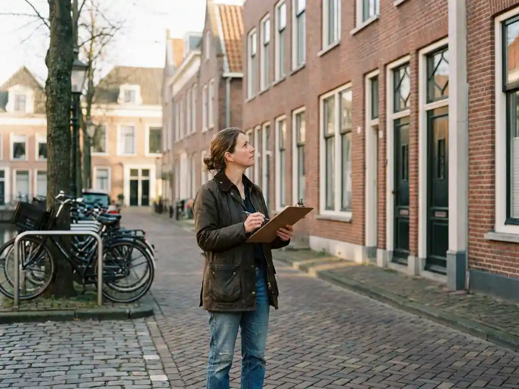 Huiseigenaar met klembord bestudeert gevel van klassieke Nederlandse bakstenen rijtjeswoning aan grachtzijde, fietsen op achtergrond.