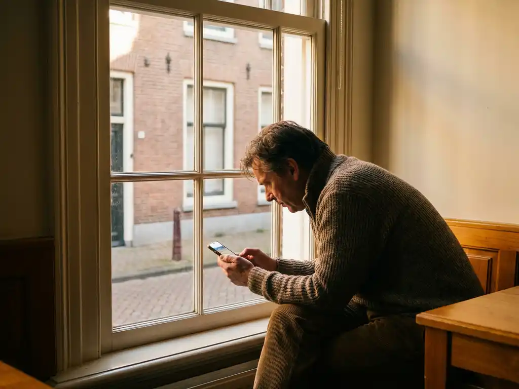 Nederlander controleert bezorgd smartphone bij raam van klassiek grachtenpand met terracotta bakstenen gevel in middaglicht.