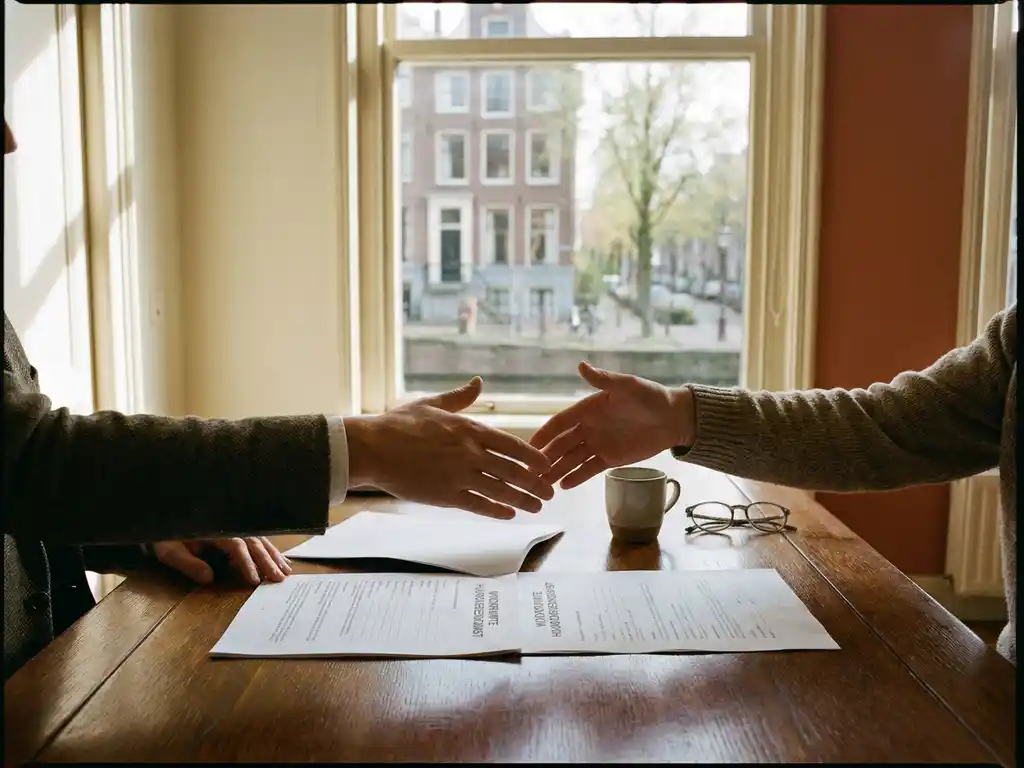 Twee handen net voor een handdruk boven een Nederlands huurcontract op een eikenhouten tafel, met een Amsterdams grachtenpand zichtbaar door het raam.