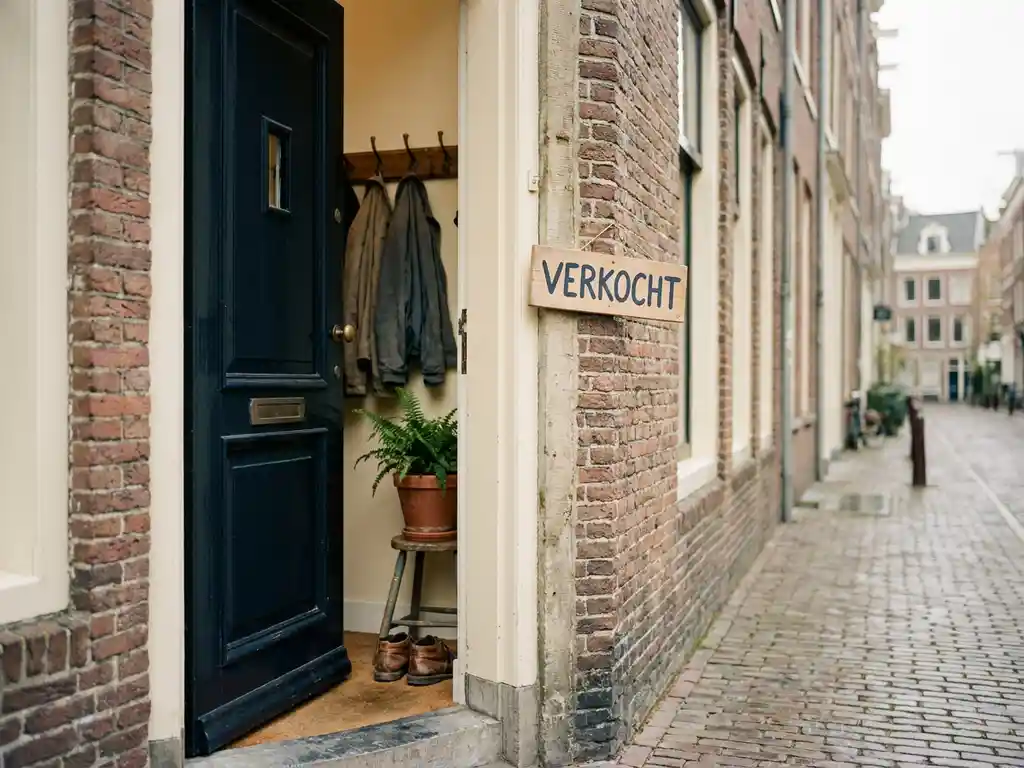 Halfopen voordeur van Amsterdams grachtenpand met 'verkocht'-bord, zicht op kapstok, plant en schoenen van huurder.