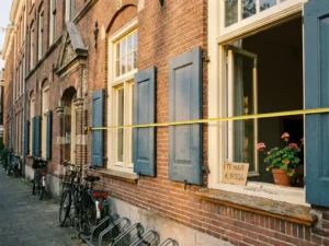 Meetlint langs bakstenen gevel van Amsterdams appartementengebouw met huurprijskaartje op vensterbank, gouden uursverlichting.