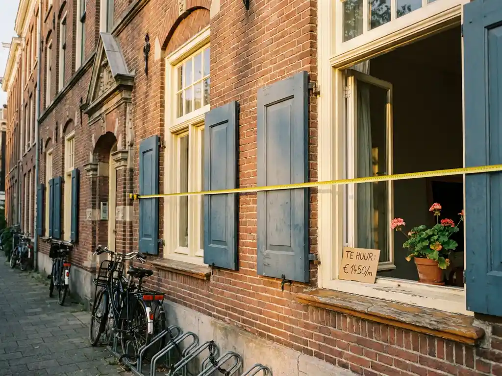 Meetlint langs bakstenen gevel van Amsterdams appartementengebouw met huurprijskaartje op vensterbank, gouden uursverlichting.