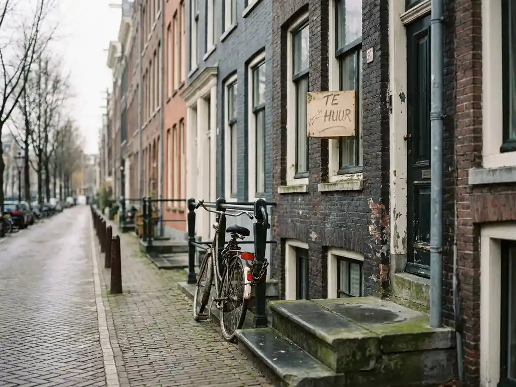 Verhuurd Amsterdams grachtenpand met fiets aan het hek, versleten stoep en huurbordje in het raam.