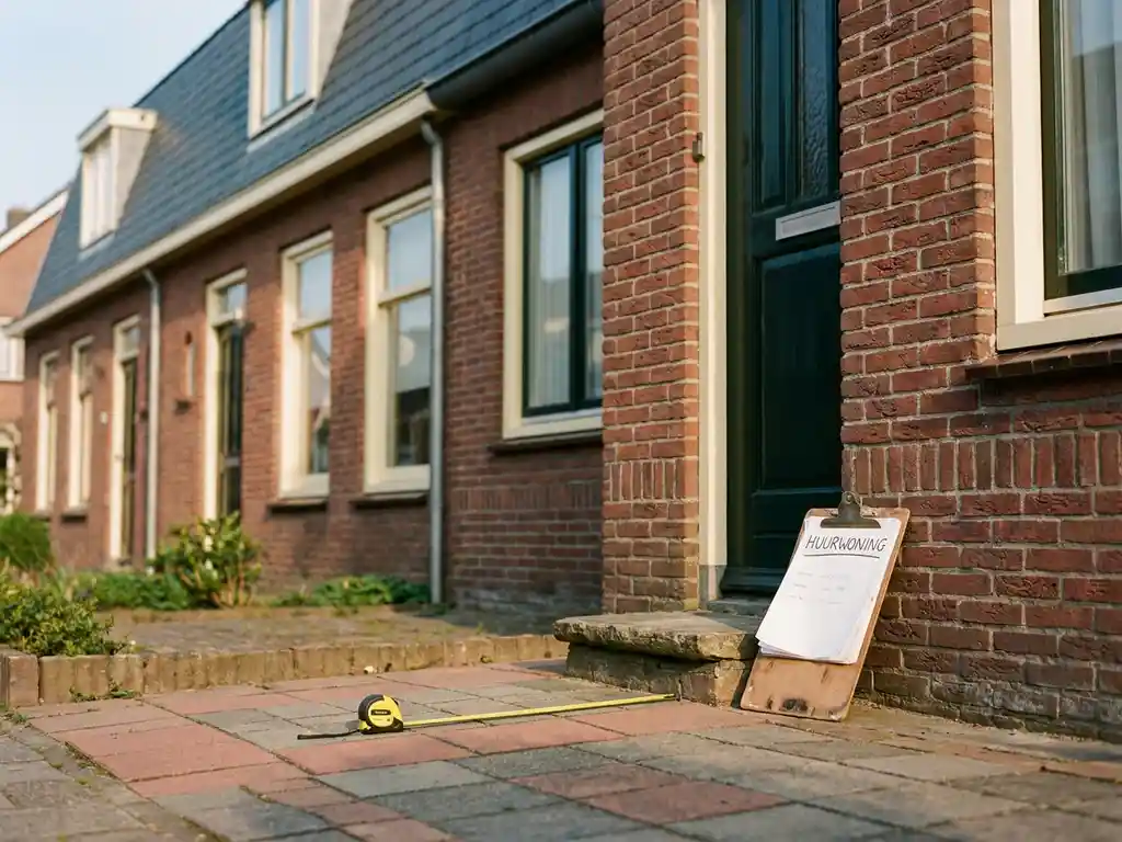 Nederlandse bakstenen huurwoning met klembord met huurdocumenten en opgerolde meetlint op het tuinpad.
