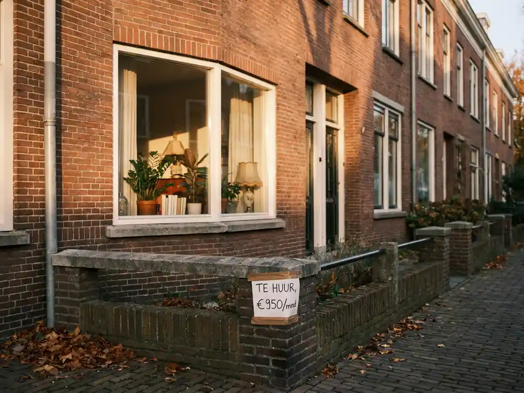Rood bakstenen rijtjeshuis in Nederland met huurprijskaartje op de tuinmuur, warme herfstsbelichting op de gevel.