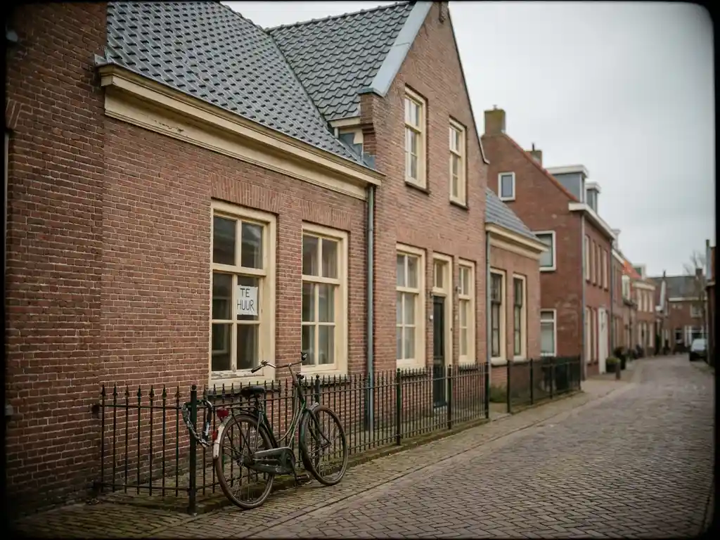 Traditioneel Nederlands rijtjeshuis van terracottasteen met verhuurdbord in het raam en fiets tegen het ijzeren hek.