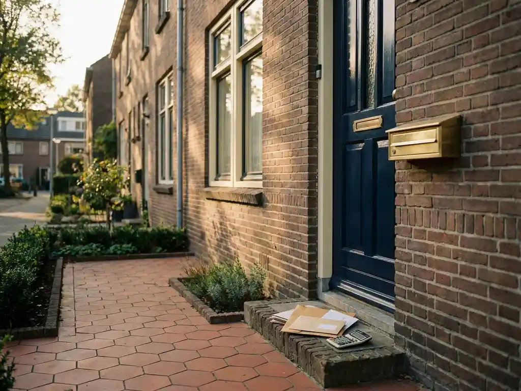Nederlandse rijtjeswoning met tegeltuin, messing brievenbus en enveloppen met rekenmachine op de stoep in middagzon.