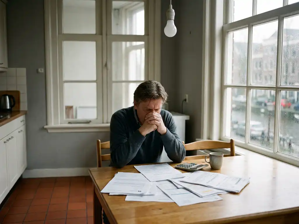 Bezorgde huiseigenaar aan keukentafel met hypotheekdocumenten en rekeningen, zacht daglicht door Nederlands raam.
