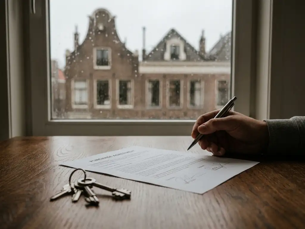 Hand die zich terugtrekt van een getekend koopcontract op eikenhouten tafel, huissleutels ernaast, traditionele Nederlandse bakstenen rijtjeswoning op achtergrond.